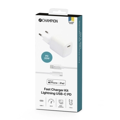  alt Champion Laturi 20W + USB-C - Lightning, valkoinen