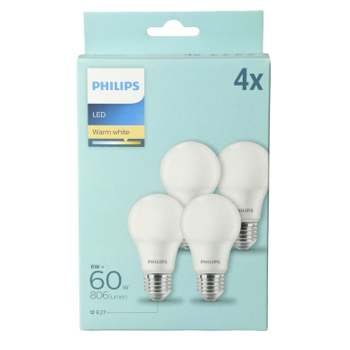 Philips LED-standardpære E27 8W/827 4-pak