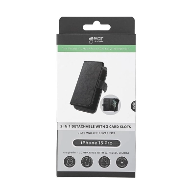 Gear alt GEAR-lompakkokotelo MagSafe iPhone 15 Pro 2in1, musta