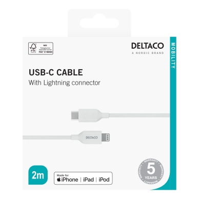 DELTACO alt Deltaco Latauskaapeli USB-C Lightningiin, 2 m, valkoinen