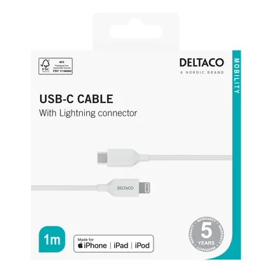 Deltaco Ladekabel USB-C til Lightning, 1 m, hvid