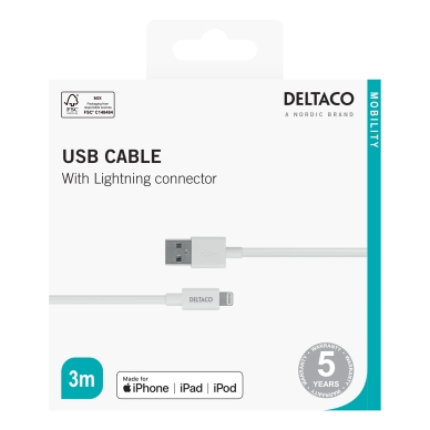 DELTACO alt Deltaco Laddningskabel USB-A till Lightning, 3 m, vit